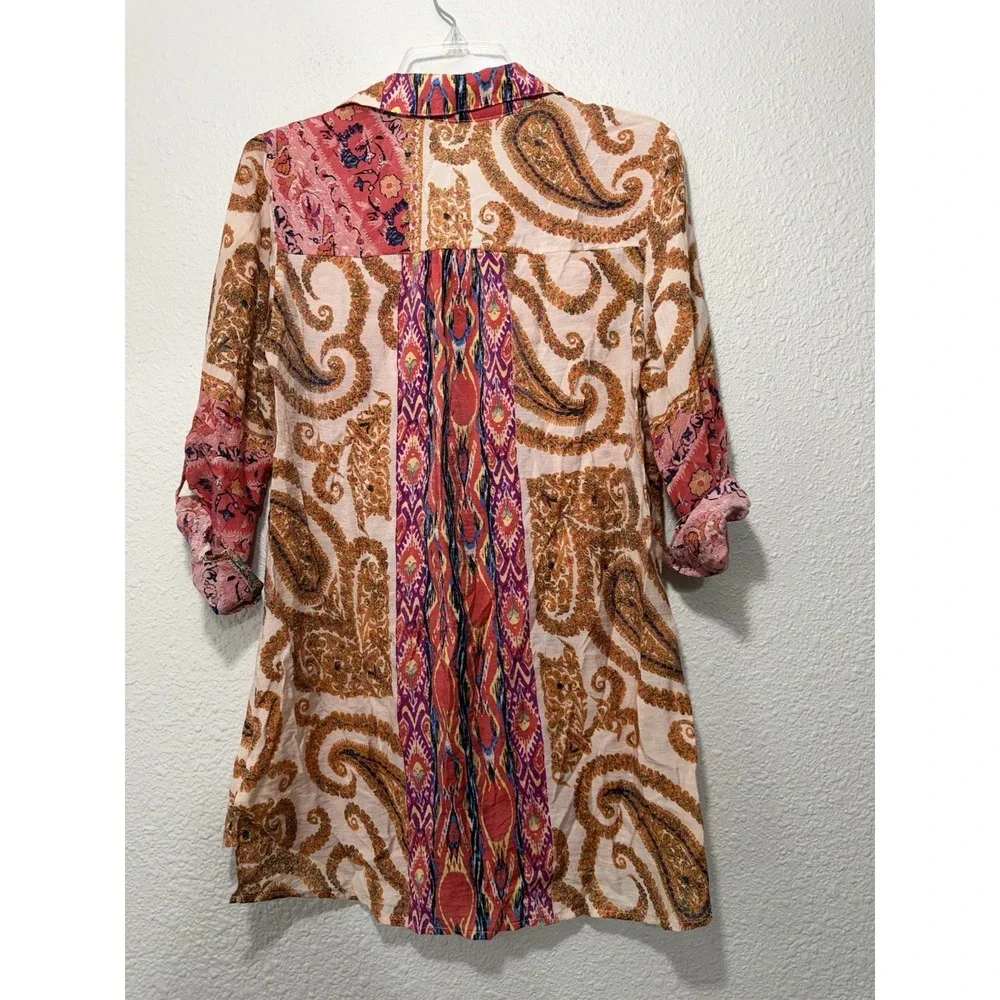 Soft Surroundings Silk Blend Top Small Petite Button Down Boho Art Colorful